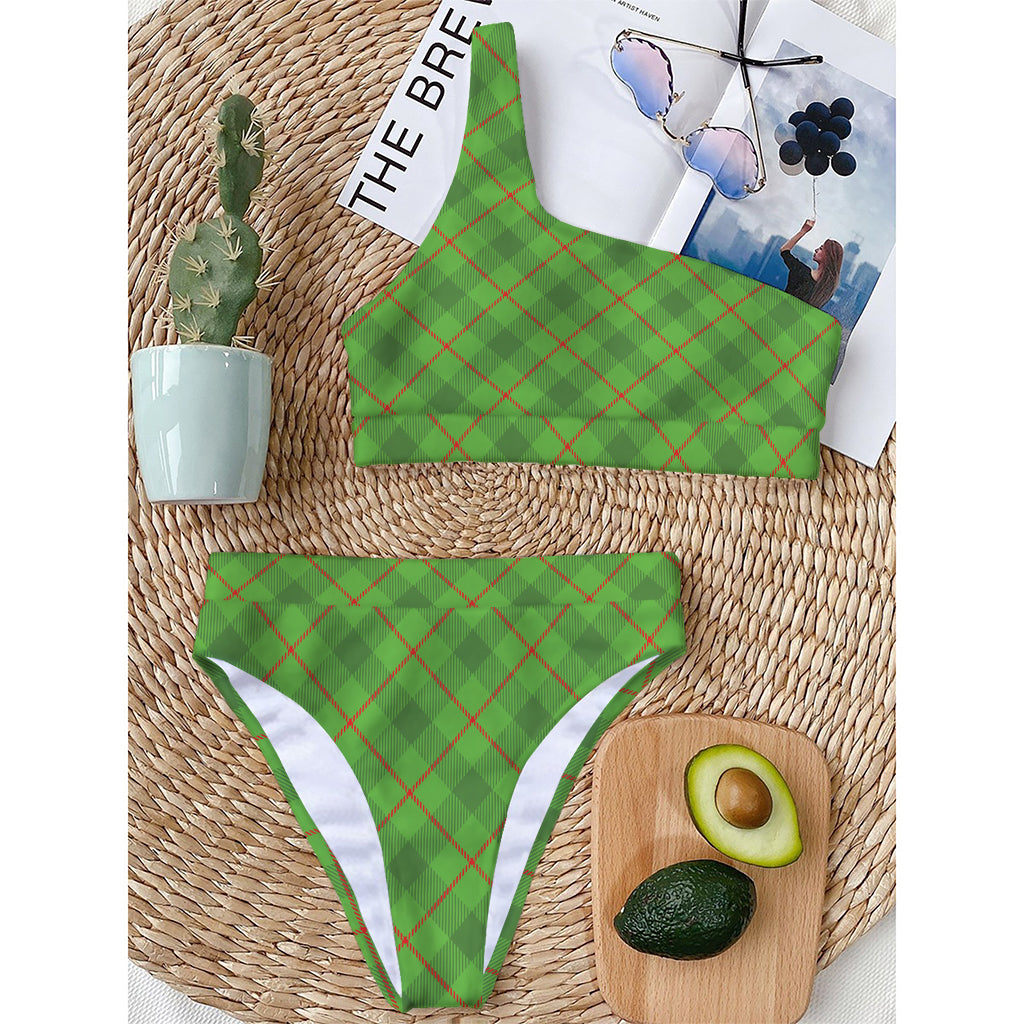 Green And Red Plaid Pattern Print One Shoulder Bikini Top