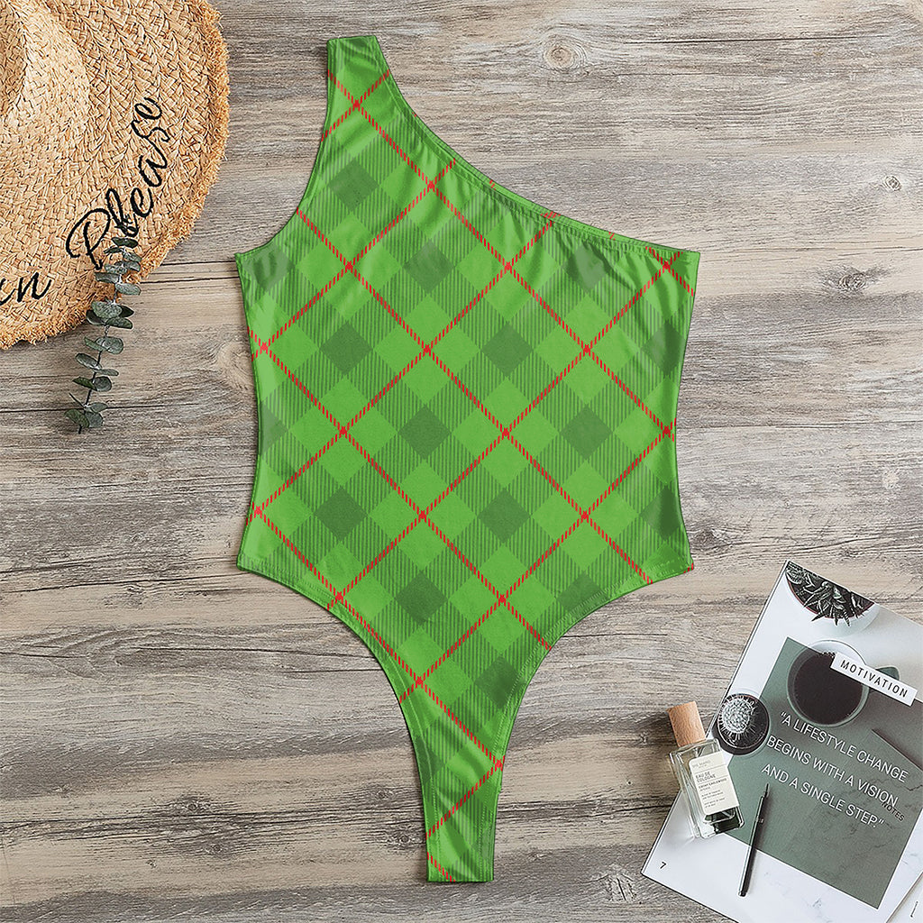 Green And Red Plaid Pattern Print One Shoulder Bodysuit