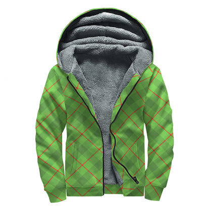 Green And Red Plaid Pattern Print Sherpa Lined Zip Up Hoodie