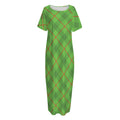 Green And Red Plaid Pattern Print Short Sleeve Long Nightdress
