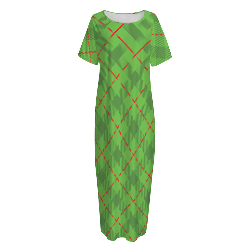 Green And Red Plaid Pattern Print Short Sleeve Long Nightdress