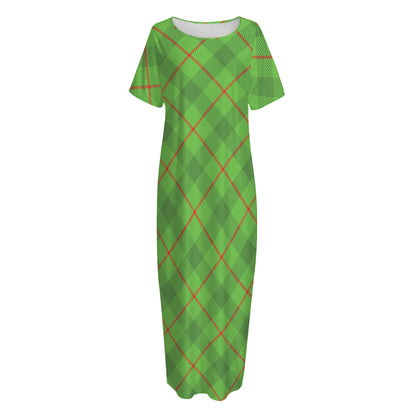 Green And Red Plaid Pattern Print Short Sleeve Long Nightdress