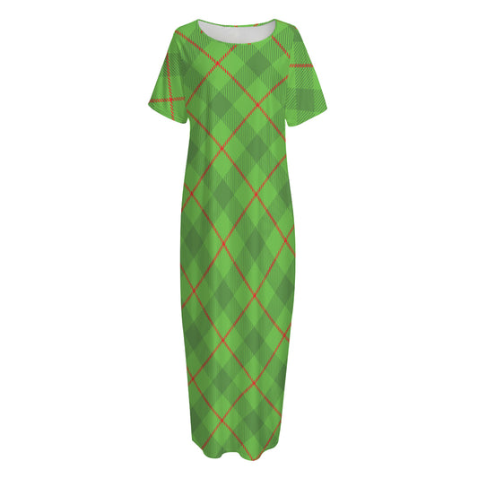 Green And Red Plaid Pattern Print Short Sleeve Long Nightdress