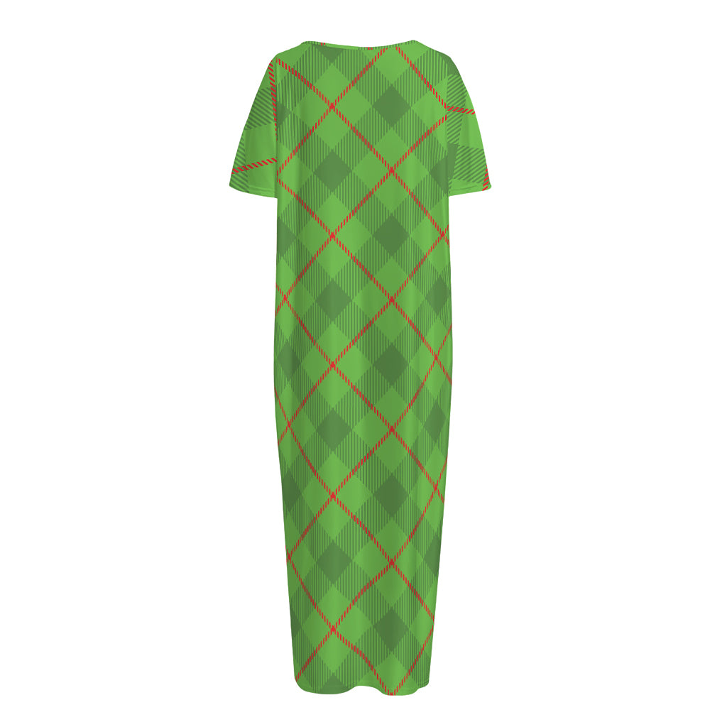 Green And Red Plaid Pattern Print Short Sleeve Long Nightdress