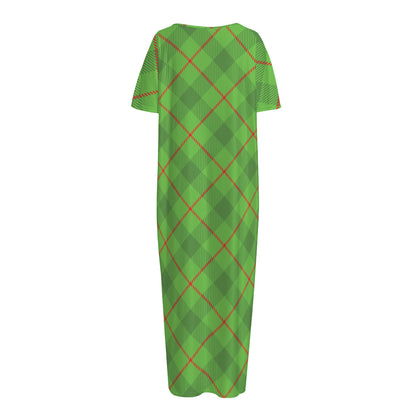 Green And Red Plaid Pattern Print Short Sleeve Long Nightdress