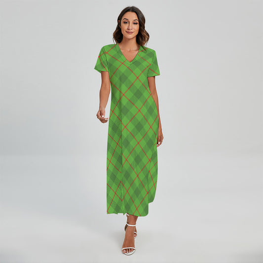 Green And Red Plaid Pattern Print Short Sleeve Maxi Dress