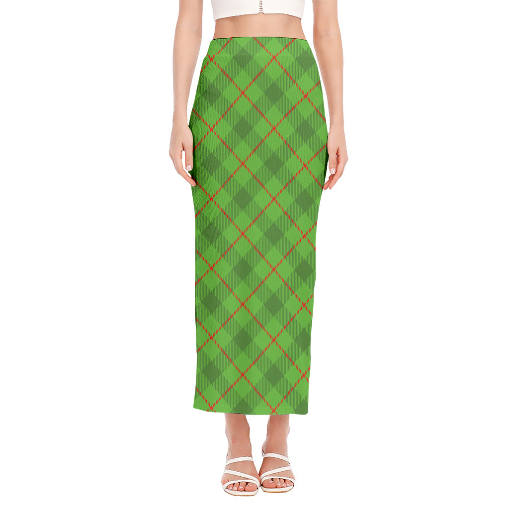 Green And Red Plaid Pattern Print Side Slit Maxi Skirt