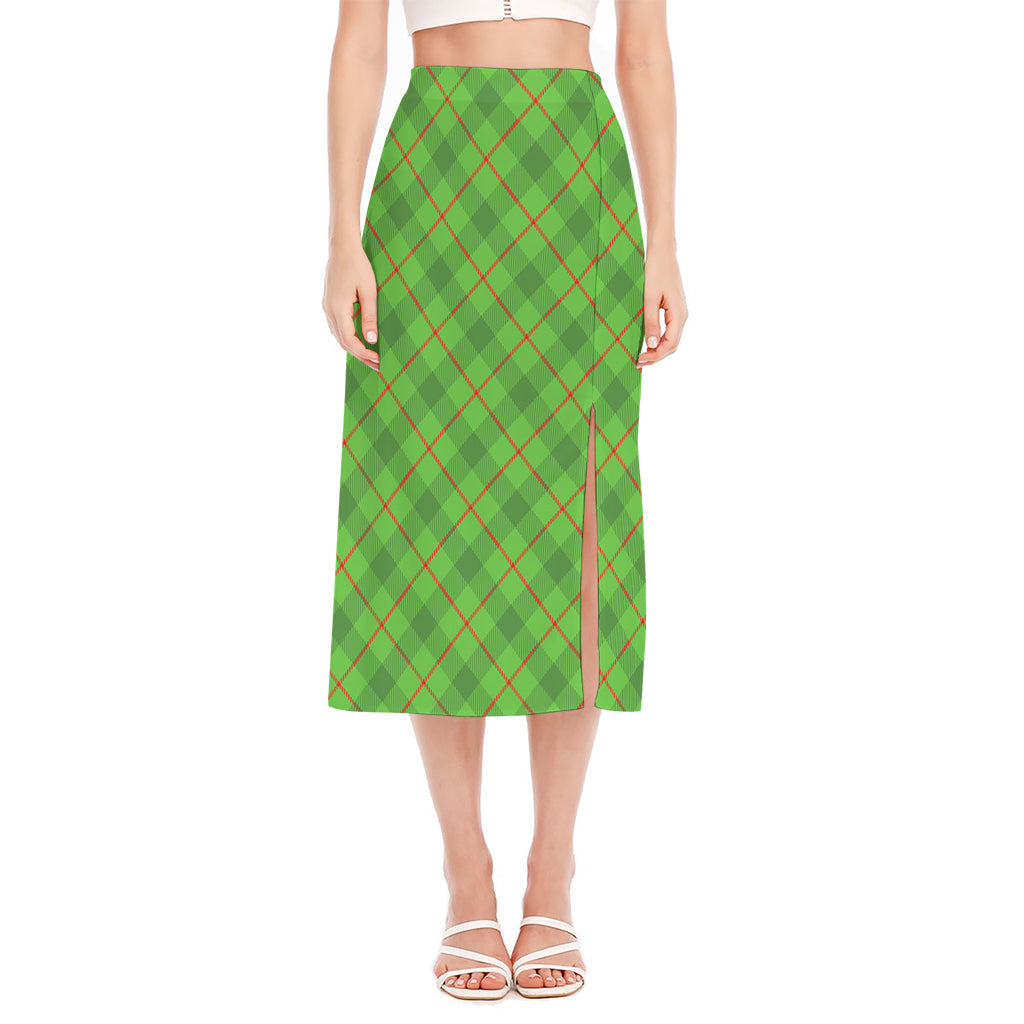 Green And Red Plaid Pattern Print Side Slit Midi Skirt