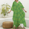 Green And Red Plaid Pattern Print Silk V-Neck Kaftan Dress