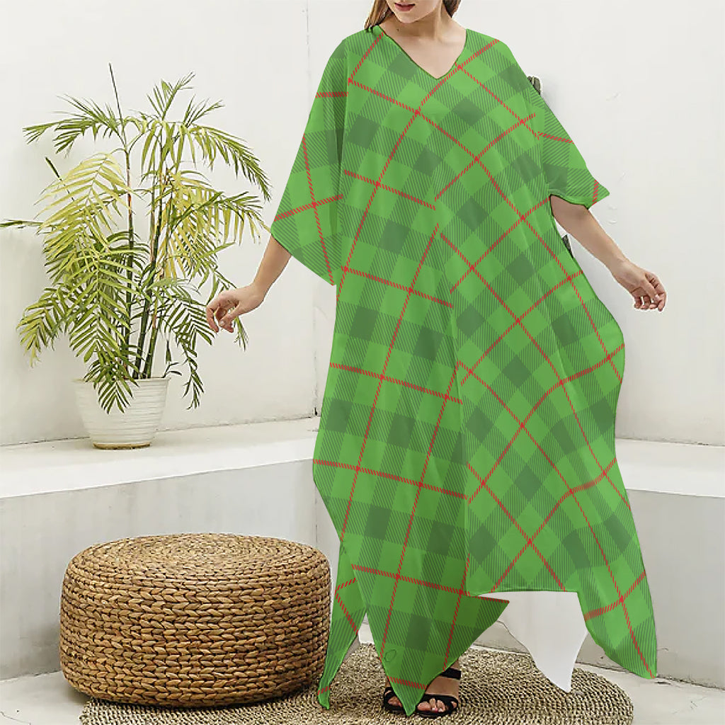 Green And Red Plaid Pattern Print Silk V-Neck Kaftan Dress
