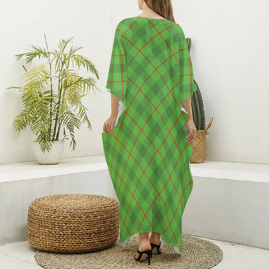 Green And Red Plaid Pattern Print Silk V-Neck Kaftan Dress