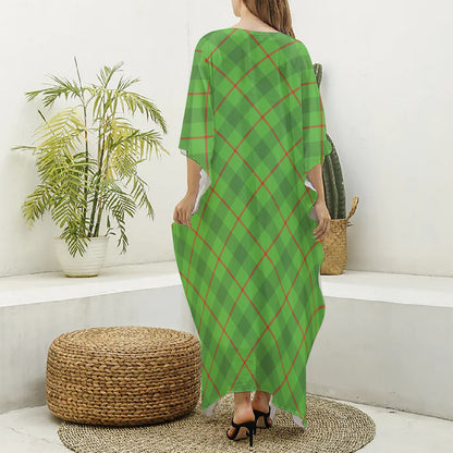 Green And Red Plaid Pattern Print Silk V-Neck Kaftan Dress
