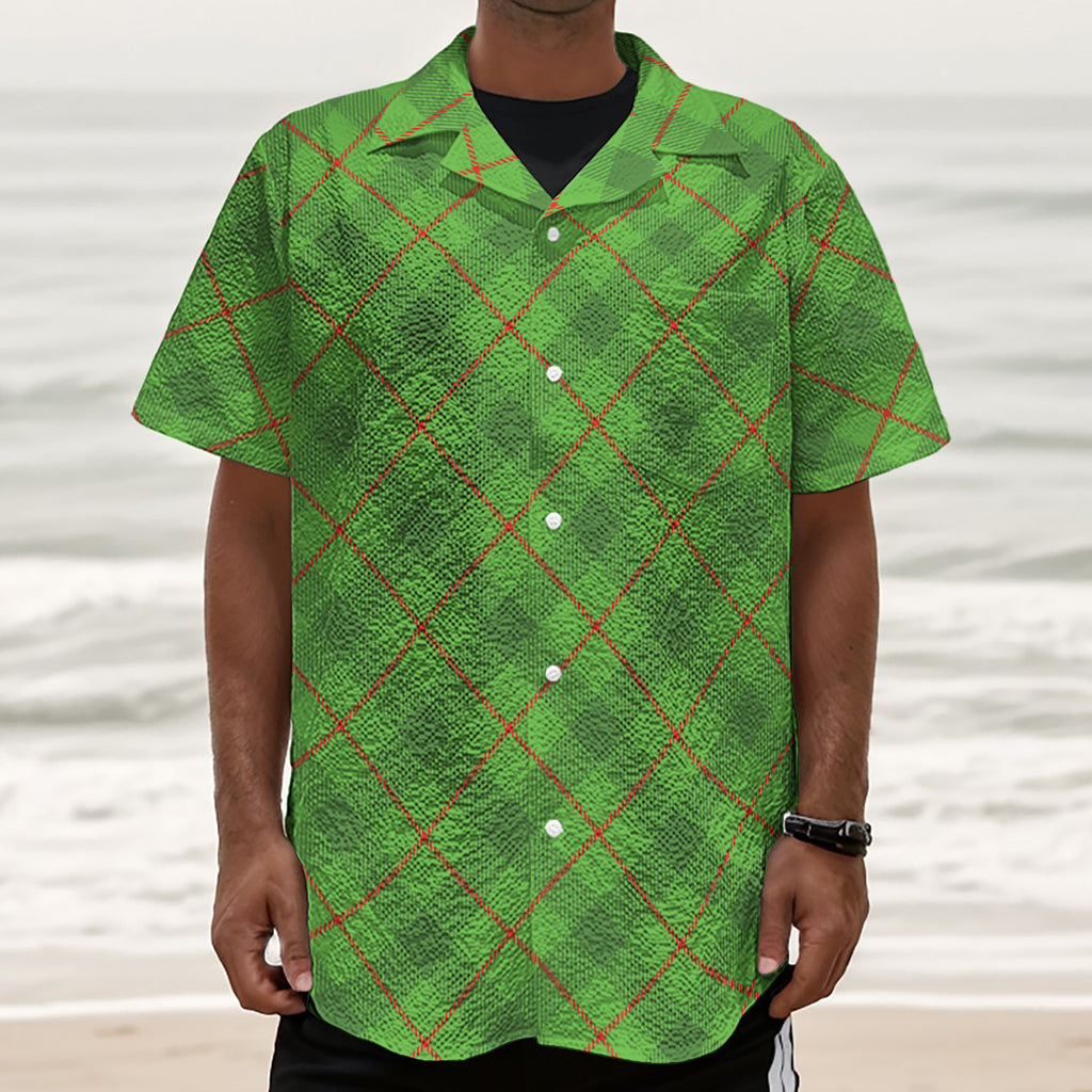 Green And Red Plaid Pattern Print Textured Short Sleeve Shirt