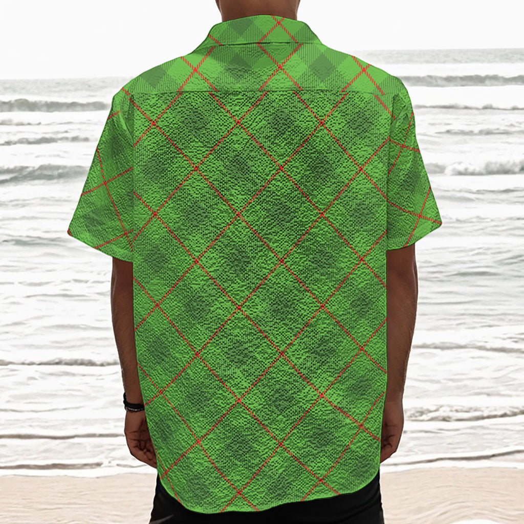 Green And Red Plaid Pattern Print Textured Short Sleeve Shirt