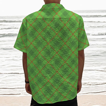Green And Red Plaid Pattern Print Textured Short Sleeve Shirt