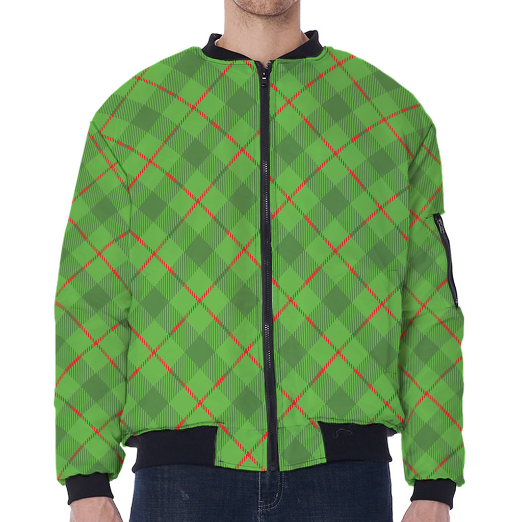 Green And Red Plaid Pattern Print Zip Sleeve Bomber Jacket