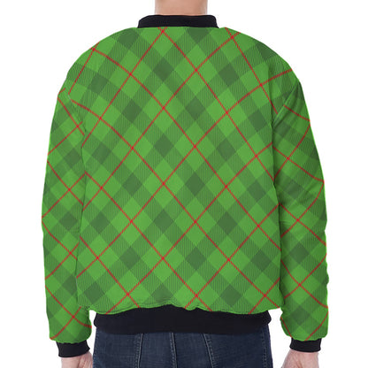 Green And Red Plaid Pattern Print Zip Sleeve Bomber Jacket