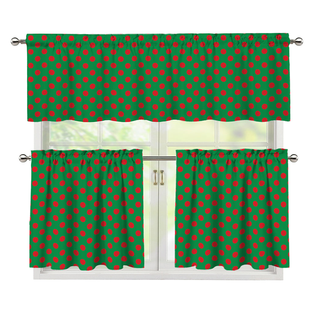 Green And Red Polka Dot Pattern Print 3 Piece Kitchen Curtains