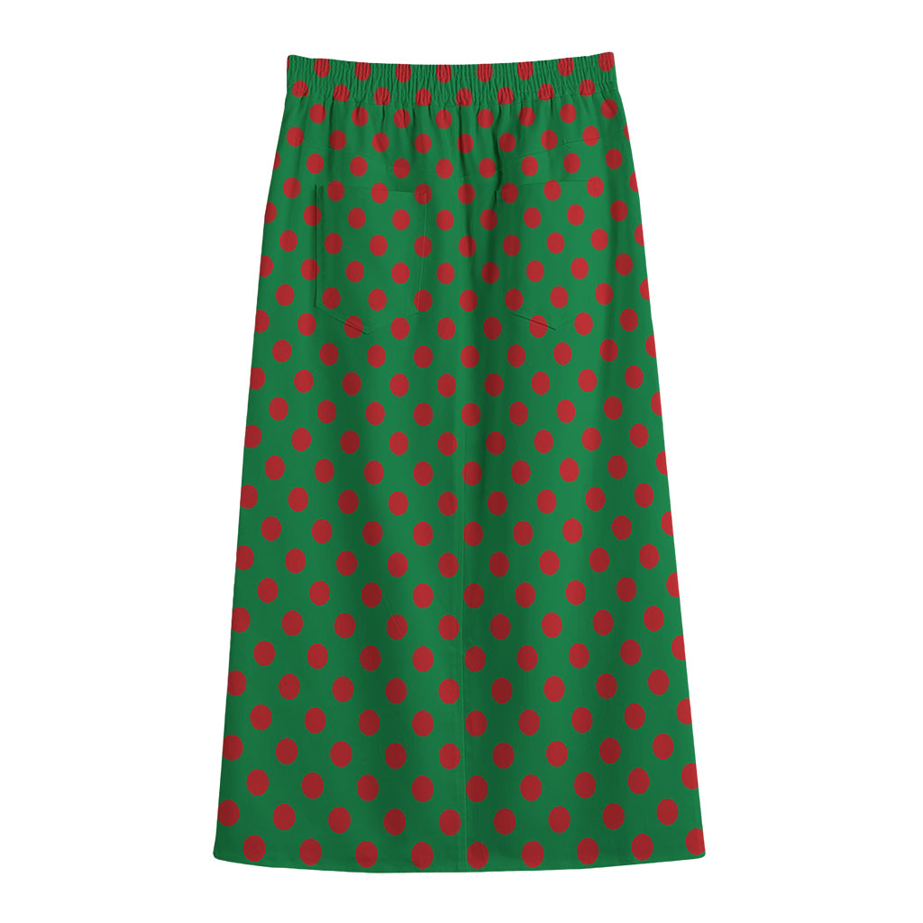 Green And Red Polka Dot Pattern Print Cotton Front Slit Maxi Skirt