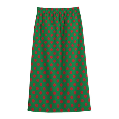 Green And Red Polka Dot Pattern Print Cotton Front Slit Maxi Skirt