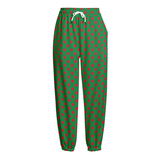 Green And Red Polka Dot Pattern Print Fleece Lined Knit Pants