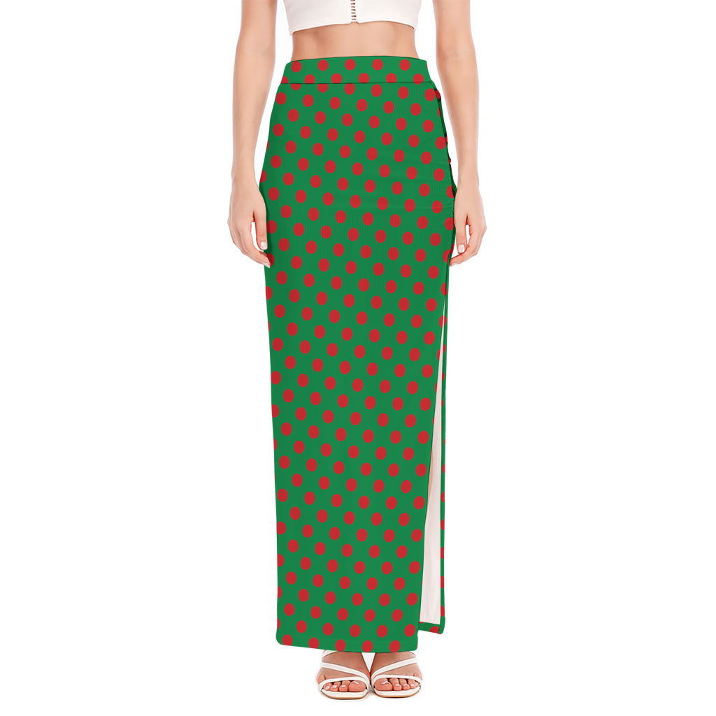Green And Red Polka Dot Pattern Print High Slit Maxi Skirt