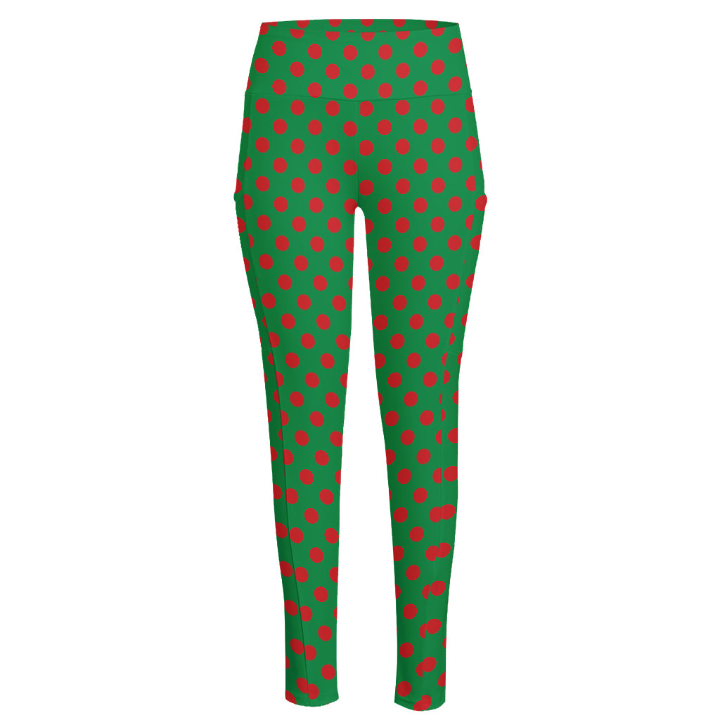 Green And Red Polka Dot Pattern Print High-Waisted Pocket Leggings