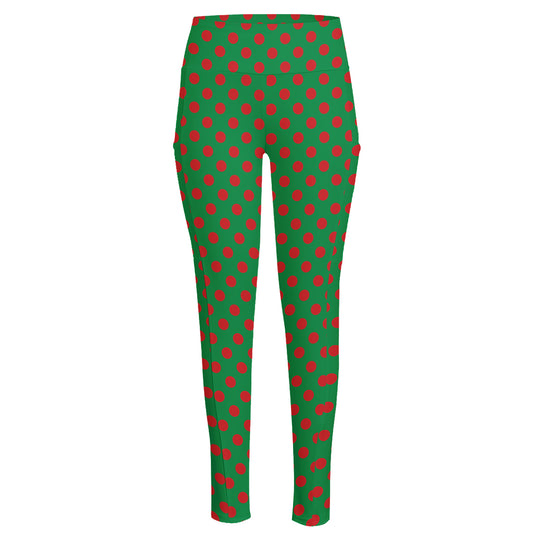 Green And Red Polka Dot Pattern Print High-Waisted Pocket Leggings