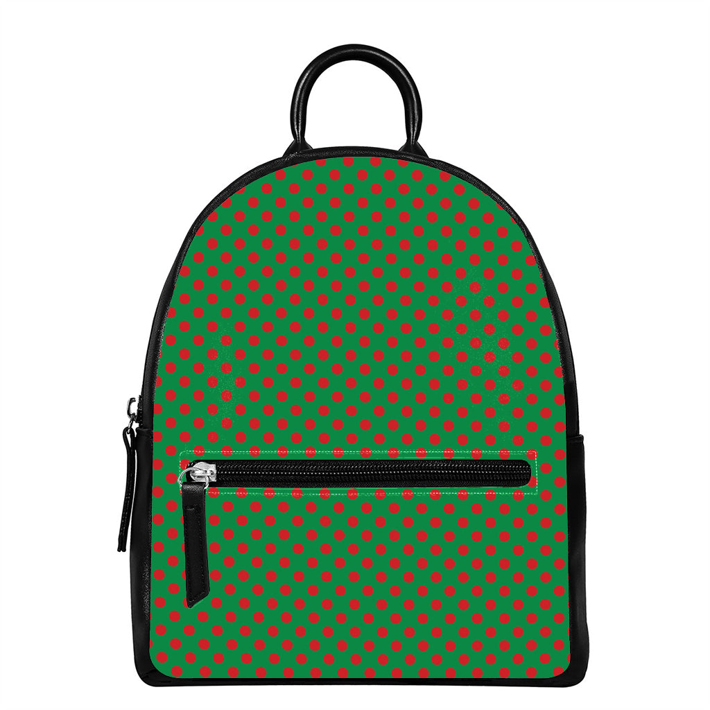 Green And Red Polka Dot Pattern Print Leather Backpack