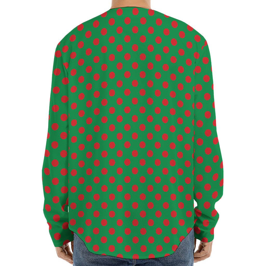 Green And Red Polka Dot Pattern Print Long Sleeve Baseball Jersey