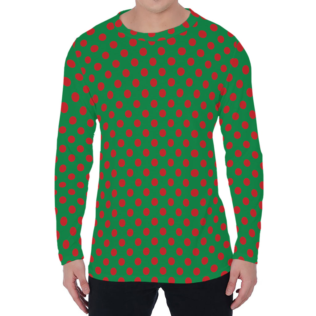 Green And Red Polka Dot Pattern Print Men's Long Sleeve T-Shirt