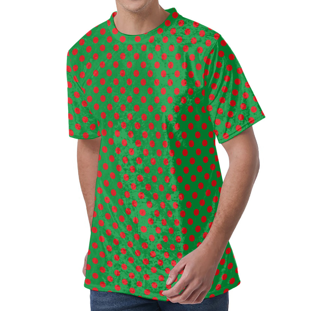 Green And Red Polka Dot Pattern Print Men's Velvet T-Shirt