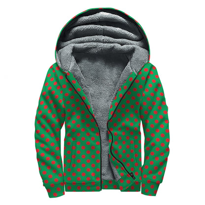 Green And Red Polka Dot Pattern Print Sherpa Lined Zip Up Hoodie