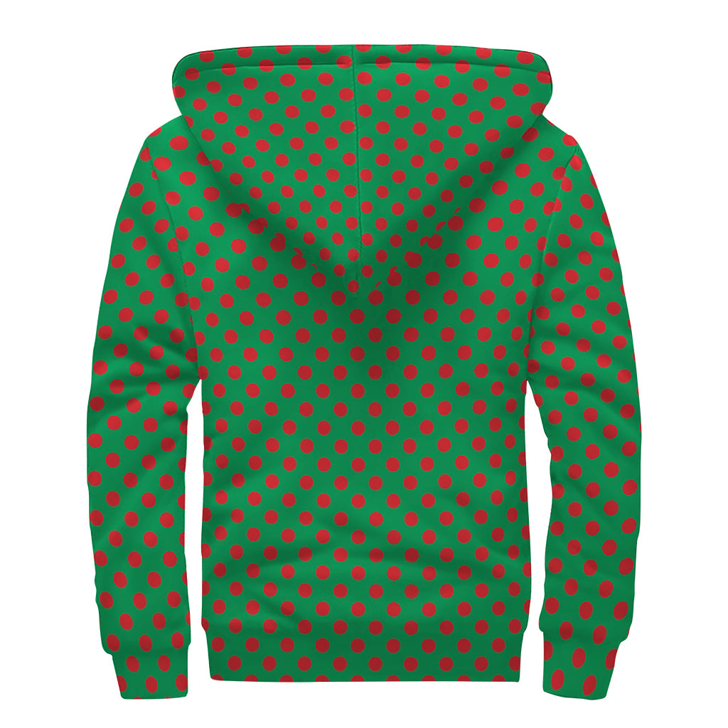 Green And Red Polka Dot Pattern Print Sherpa Lined Zip Up Hoodie