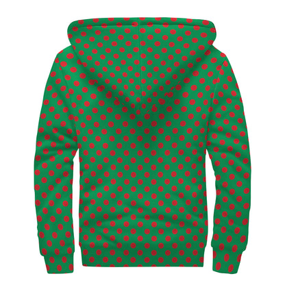 Green And Red Polka Dot Pattern Print Sherpa Lined Zip Up Hoodie