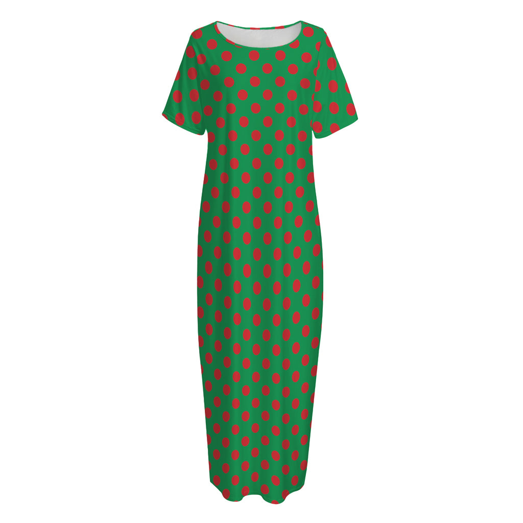 Green And Red Polka Dot Pattern Print Short Sleeve Long Nightdress
