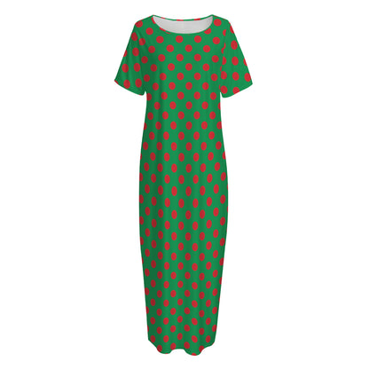 Green And Red Polka Dot Pattern Print Short Sleeve Long Nightdress