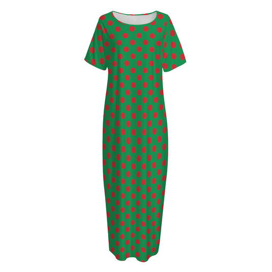 Green And Red Polka Dot Pattern Print Short Sleeve Long Nightdress
