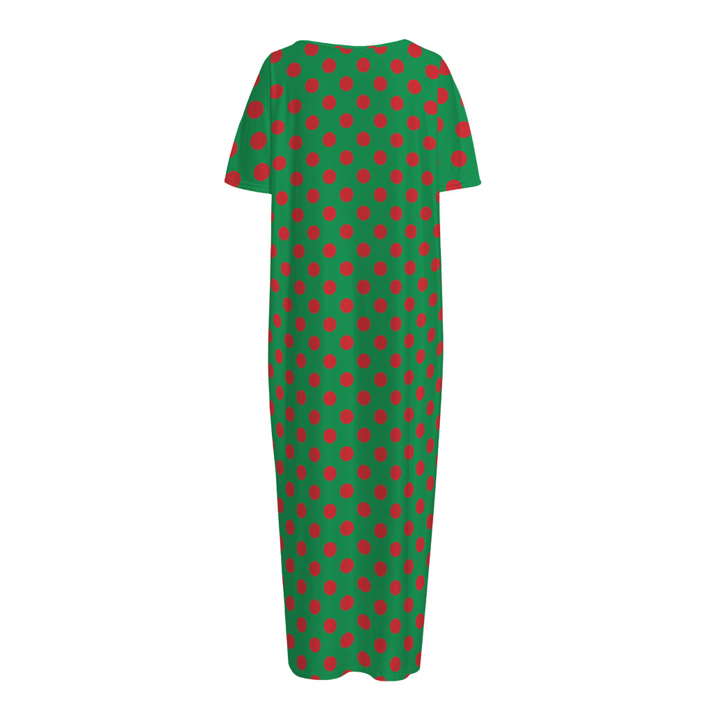 Green And Red Polka Dot Pattern Print Short Sleeve Long Nightdress