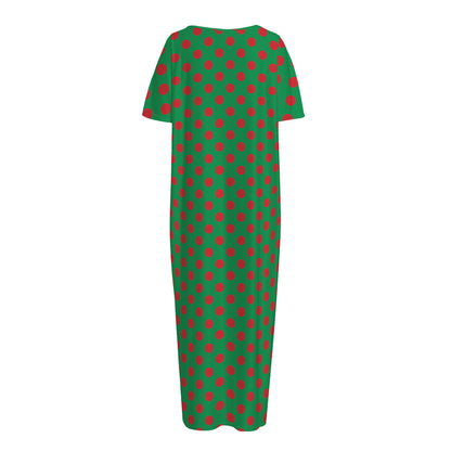 Green And Red Polka Dot Pattern Print Short Sleeve Long Nightdress