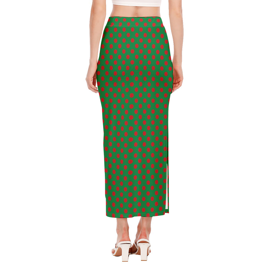 Green And Red Polka Dot Pattern Print Side Slit Maxi Skirt