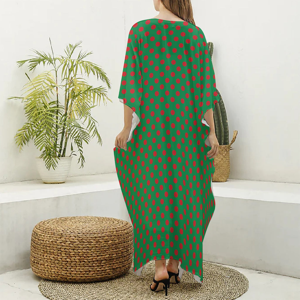 Green And Red Polka Dot Pattern Print Silk V-Neck Kaftan Dress