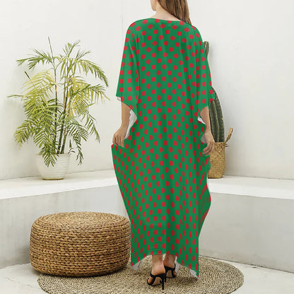 Green And Red Polka Dot Pattern Print Silk V-Neck Kaftan Dress