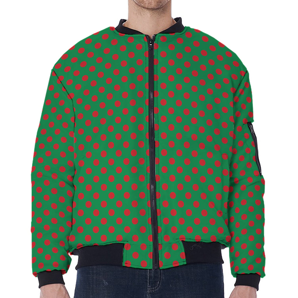 Green And Red Polka Dot Pattern Print Zip Sleeve Bomber Jacket