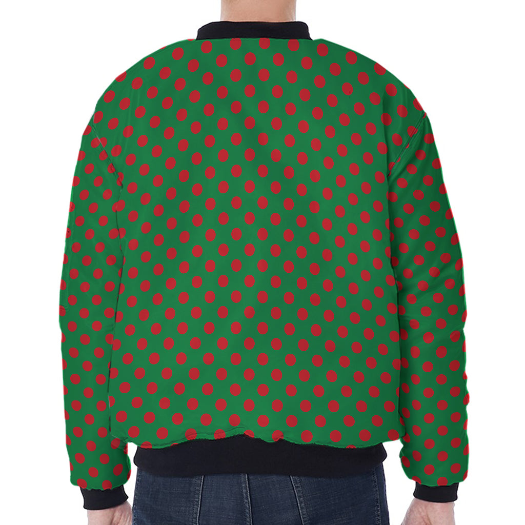 Green And Red Polka Dot Pattern Print Zip Sleeve Bomber Jacket