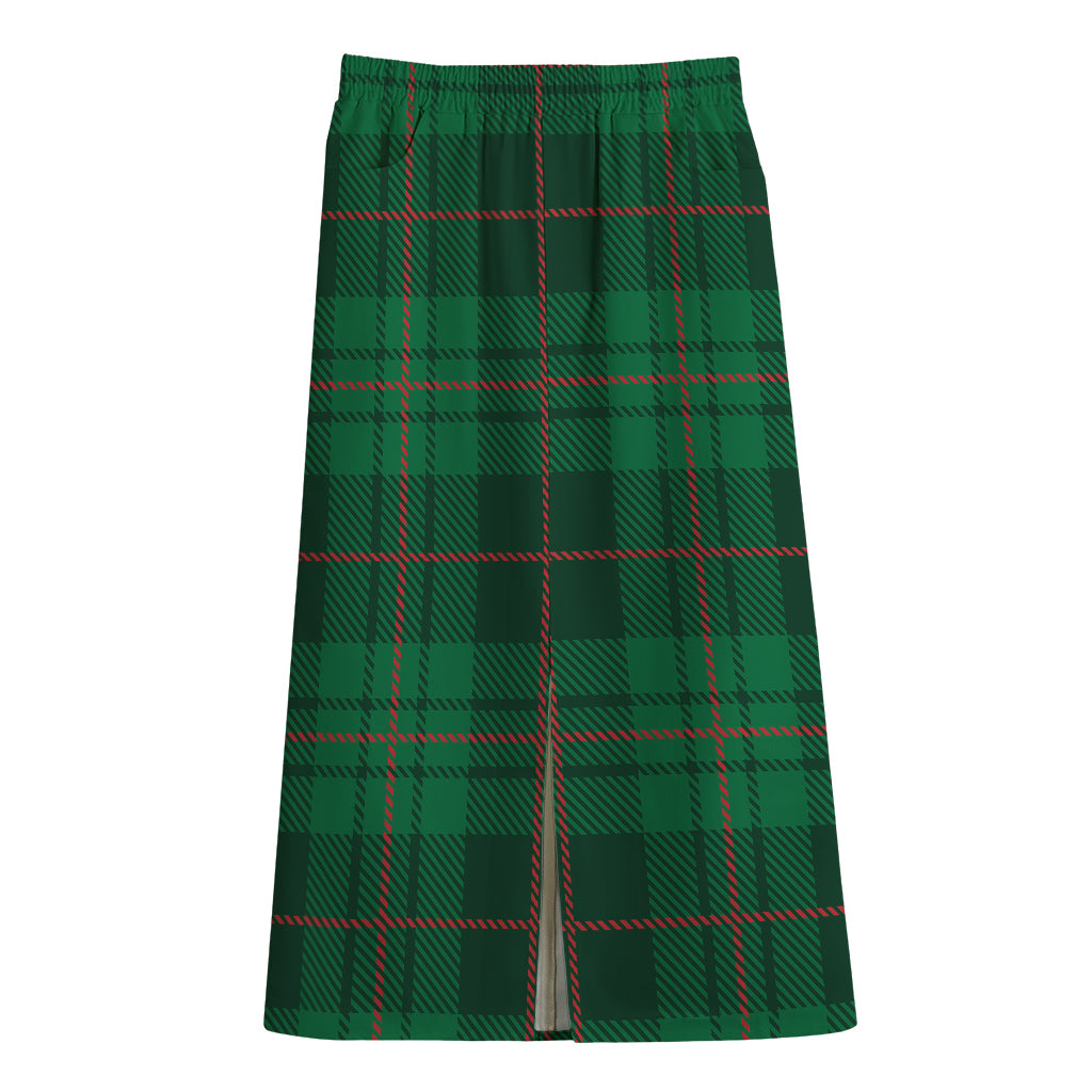 Green And Red Stewart Tartan Print Cotton Front Slit Maxi Skirt