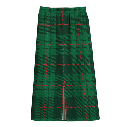 Green And Red Stewart Tartan Print Cotton Front Slit Maxi Skirt