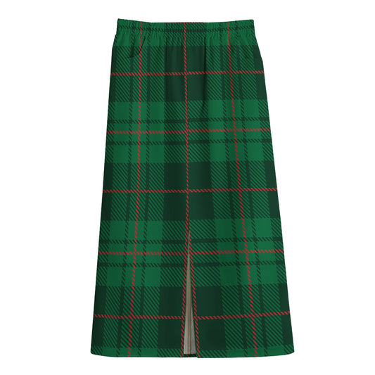 Green And Red Stewart Tartan Print Cotton Front Slit Maxi Skirt