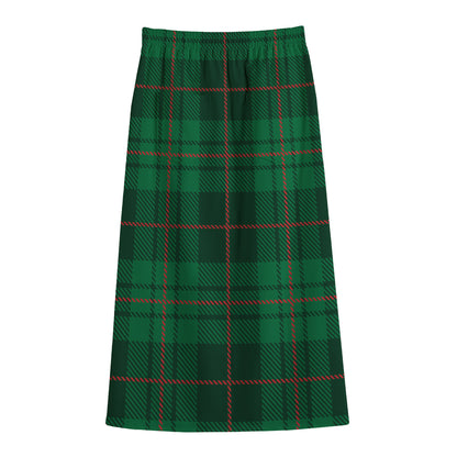 Green And Red Stewart Tartan Print Cotton Front Slit Maxi Skirt