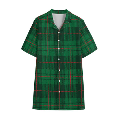 Green And Red Stewart Tartan Print Cotton Hawaiian Shirt